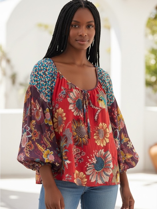 Johnny Was Tops - Johnny Was Tasha Red Multi Floral Peasant Blouse